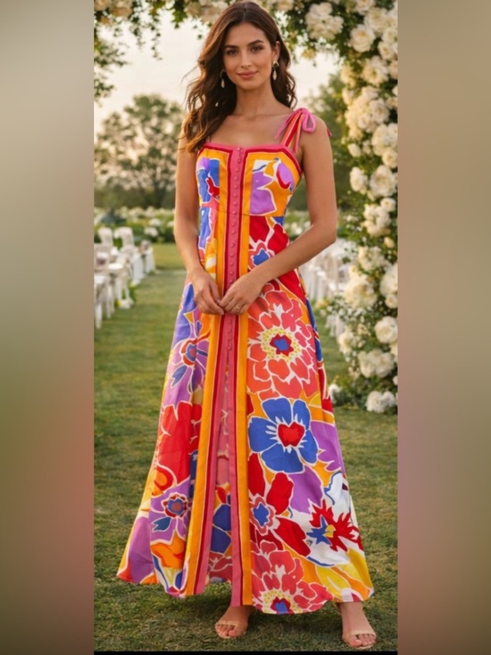 Colorful Floral Maxi Dress Tie Strap Resort Vacation Wedding Guest Size 2 NWT